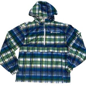 Champion small mens plaid windbreaker jacket pullover hooded blue green